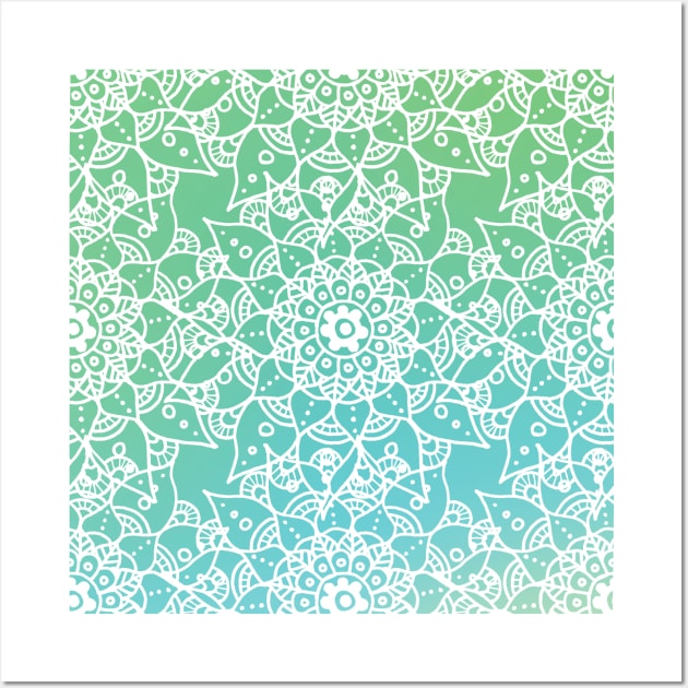 White Mandala Pattern - Teal Green Ombre Floral Wall Art by MysticMagpie